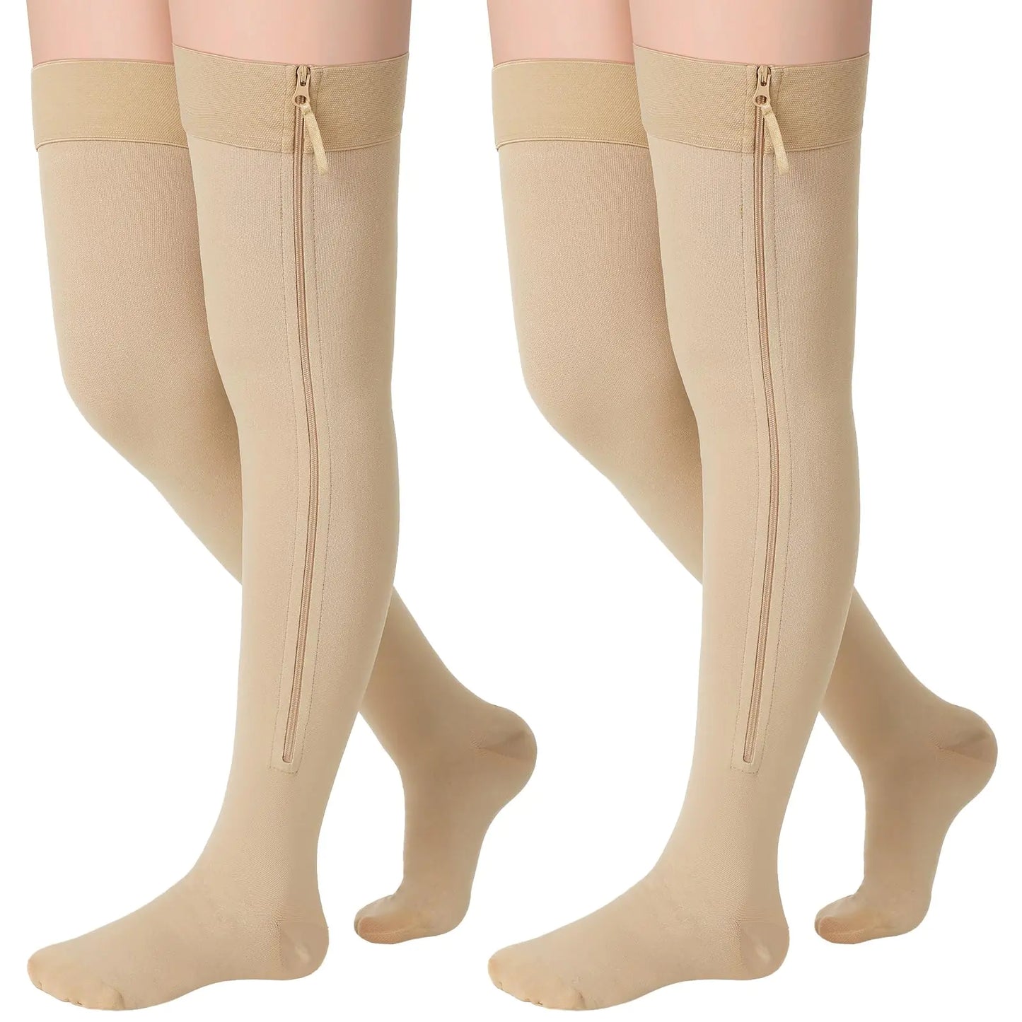 * 2 Pairs Zipper Compression Socks Thigh High 20-30 mmHg Compression Socks Closed Toe Thigh High Compression Stockings (BeigeMedium)