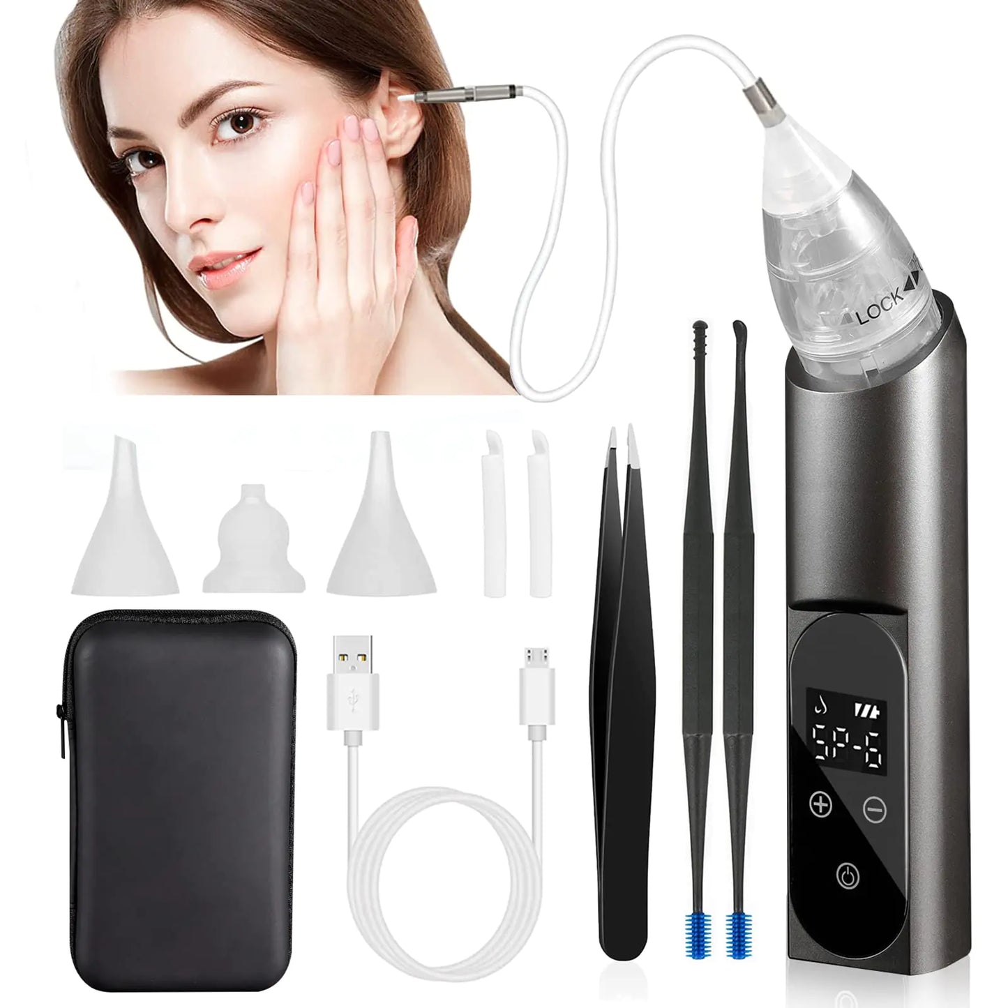 Ear Vacuum Wax Removal Tool Ear Vacuum Wax Remover 6 Levels Electric Strong Suction Ear Wax Remover USB Charge Ear Wax Removal Kit Ear Wax Suction Remover Device for Adults and Kids(Black)