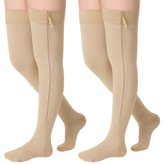 * 2 Pairs Zipper Compression Socks Thigh High 20-30 mmHg Compression Socks Closed Toe Thigh High Compression Stockings (BeigeMedium)