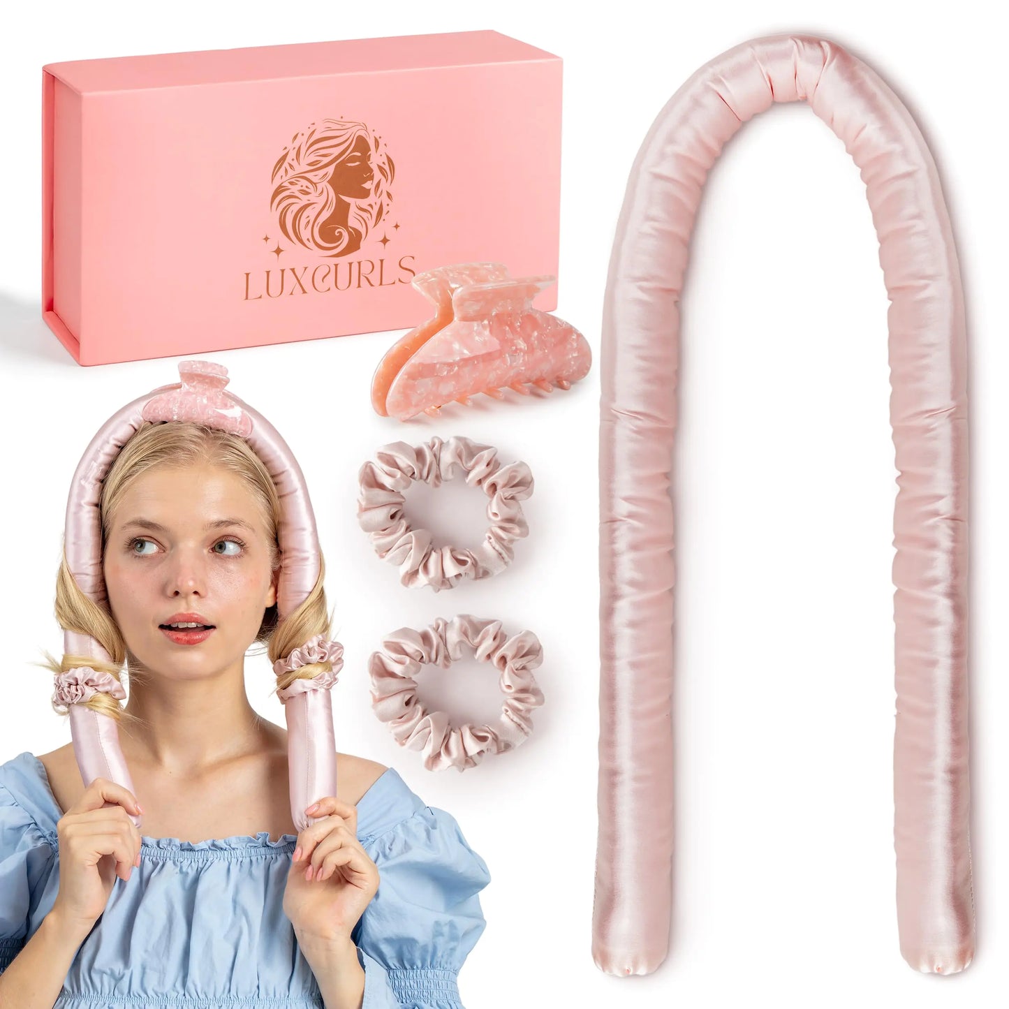 Heatless Hair Curler Set - Silk Curling Rods with Scrunchies & Claw Clip for No-Heat Curls Comfortable Sleep-In Hair Curlers